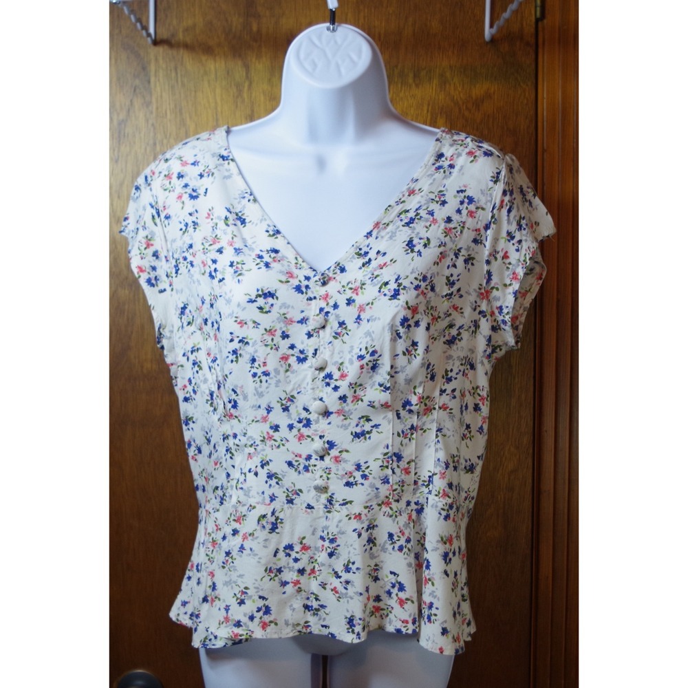 Japna Floral Peplum Top Womens Large White Blue Pink Ditsy Button Front Rayon